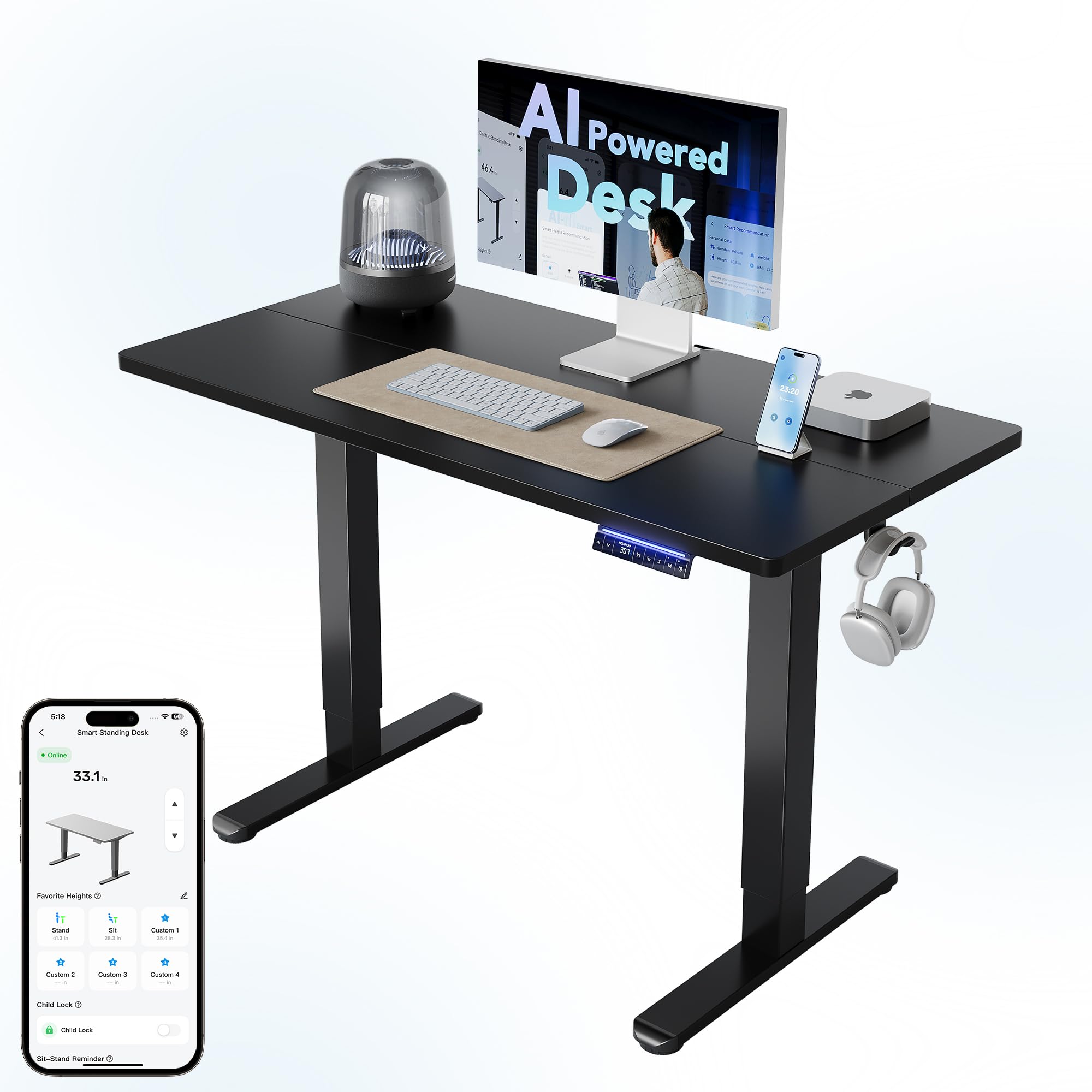 HUANUO 55 x 28 inch Electric Standing Desk Adjustable Height, 4 Memory Height Settings, Sit Stand Up Desk for Home Office & Computer Workstation, Light Walnut - AI-48" X 24"