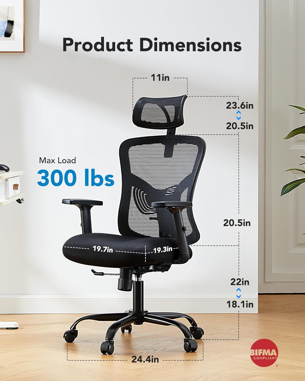 HUANUO Ergonomic Mesh Office Chair with Lumbar Support & Headrest - 