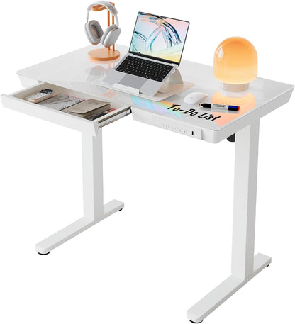 HUANUO Glass Standing Desk with Drawers, 35 X 20 Inch Electric Adjustable Height Desk, Quick Install One-Piece Tabletop with USB Charging Ports, White - 35*20 Inch