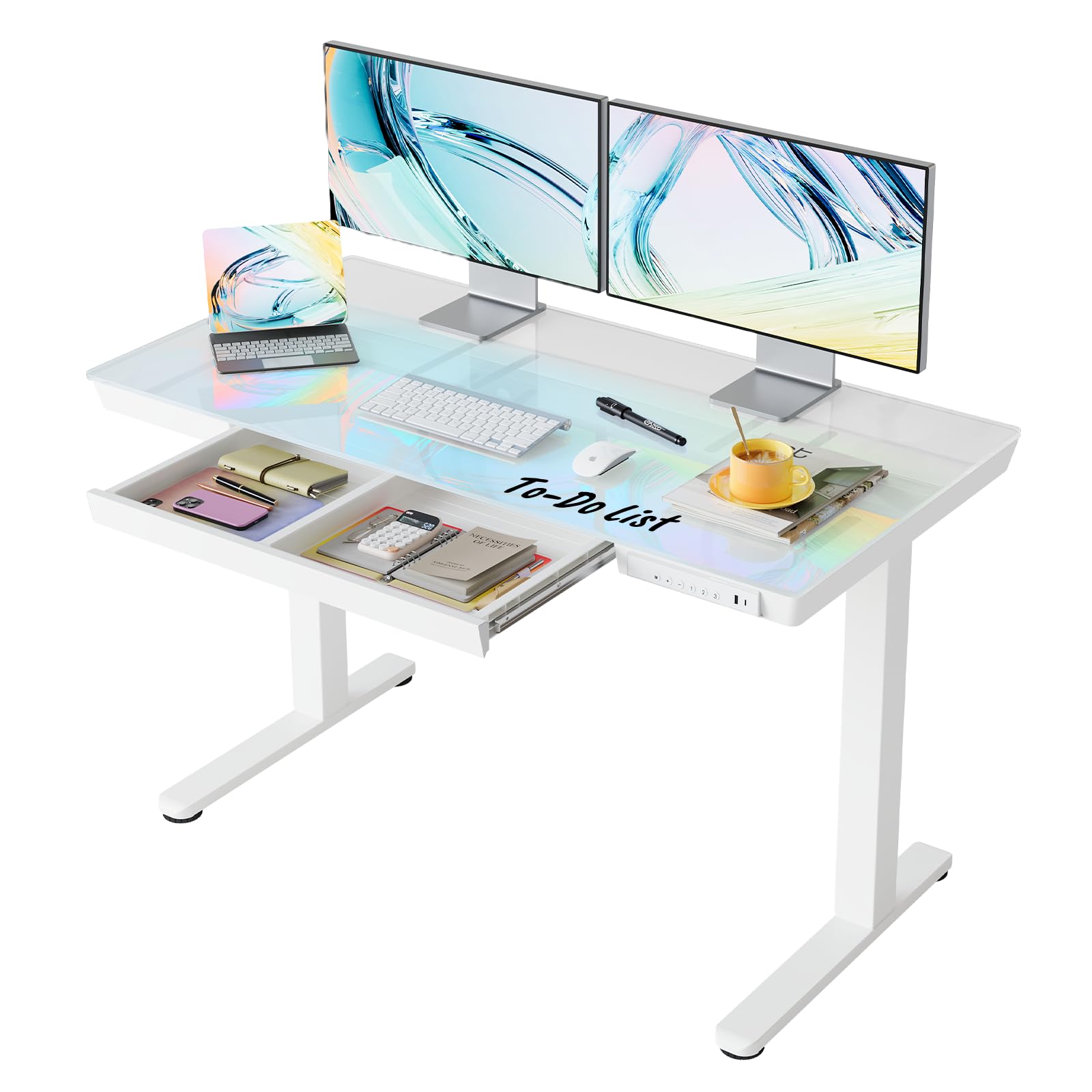 HUANUO Glass Standing Desk with Drawers, 35 X 20 Inch Electric Adjustable Height Desk, Quick Install One-Piece Tabletop with USB Charging Ports, White - 48*24 Inch