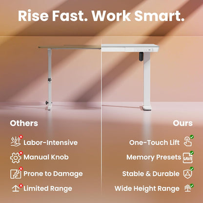 HUANUO Glass Standing Desk with Drawers, 35 X 20 Inch Electric Adjustable Height Desk, Quick Install One-Piece Tabletop with USB Charging Ports, White - 48*24 Inch