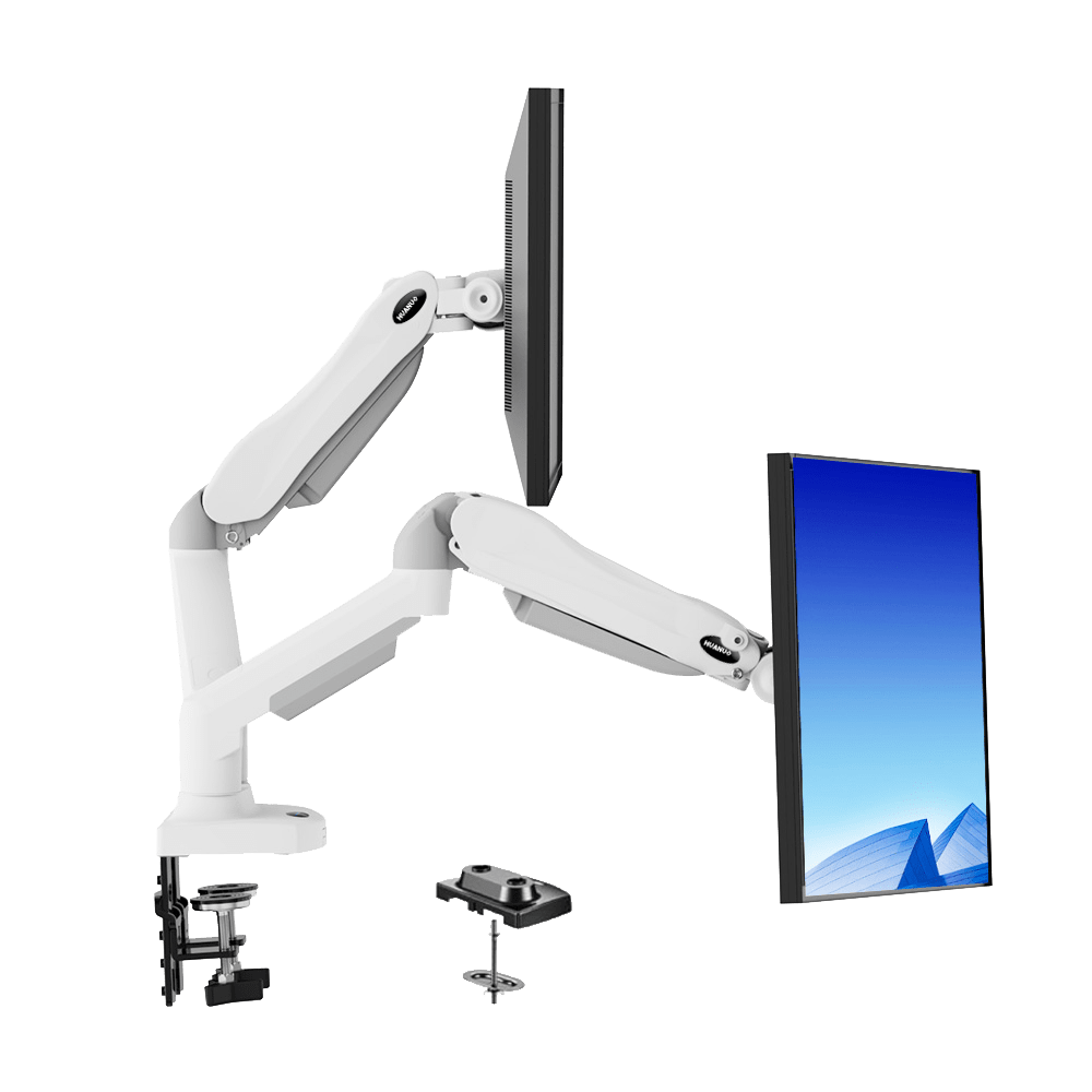 HUANUO Dual Monitor Stand - Full Adjustable Monitor Desk Mount Swivel VESA Bracket with C Clamp, Grommet Mounting Base for 13 to 32 Inch Computer Screens - Each Arm Holds 4.4 to 19.8 lbs - White