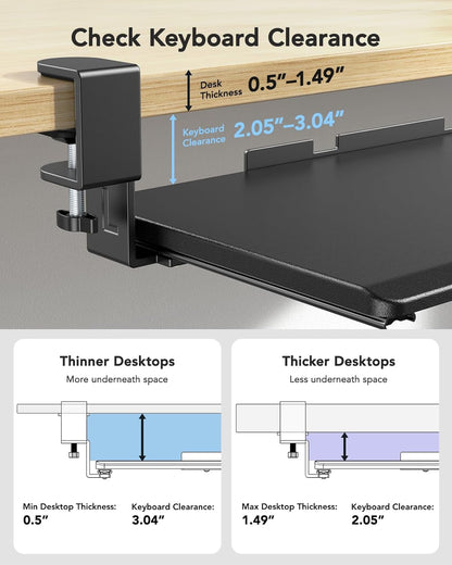 HUANUO Pull - Out Keyboard Tray with Clamp Mount - 26.5" Wide, Black - 