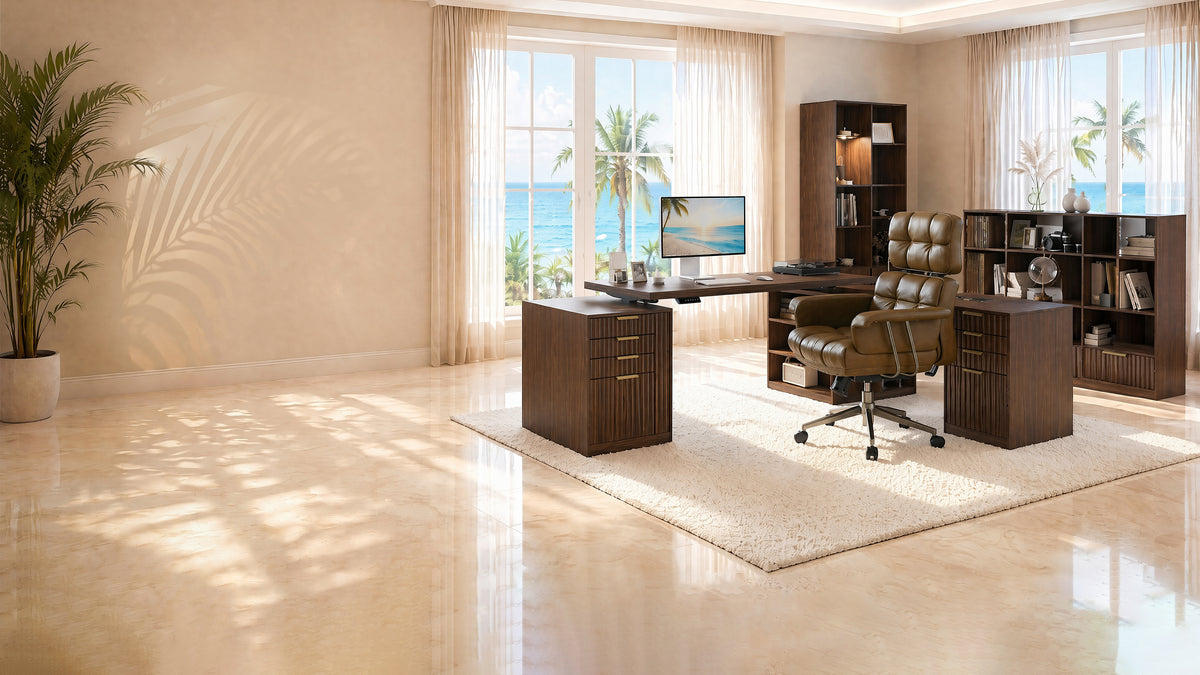 Home office with standing desk and ergonomic chair