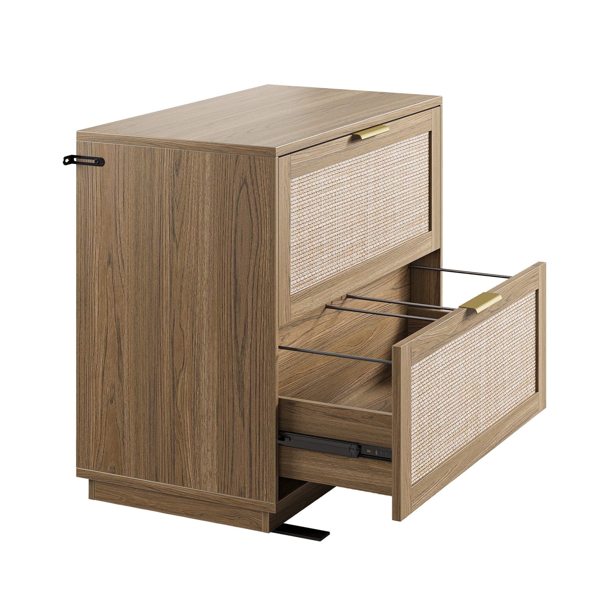 67" Desk · L-shaped + 2-Drawer File Cabinet / Rattan - Light Walnut