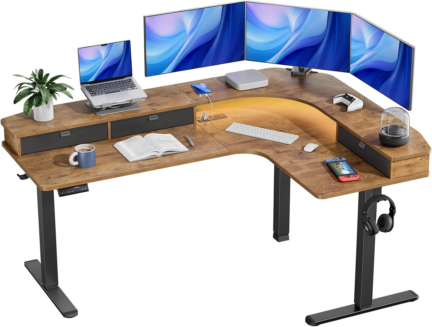 L - shaped Series Standing Desk - Full Side Drawers & LED Lights