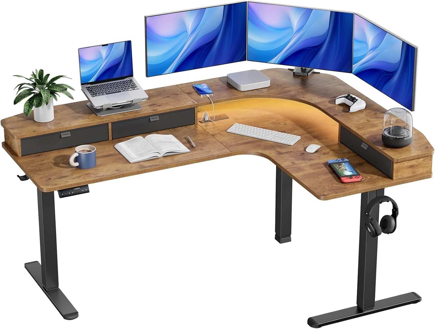 L - shaped Series Standing Desk - Full Side Drawers & LED Lights