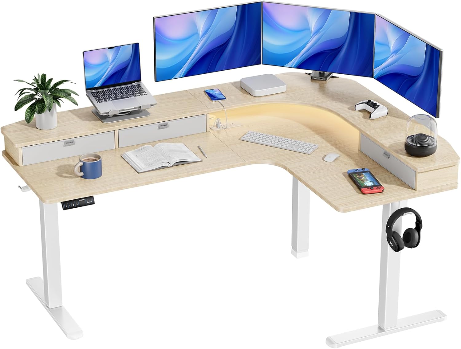 L - shaped Series Standing Desk - Full Side Drawers & LED Lights