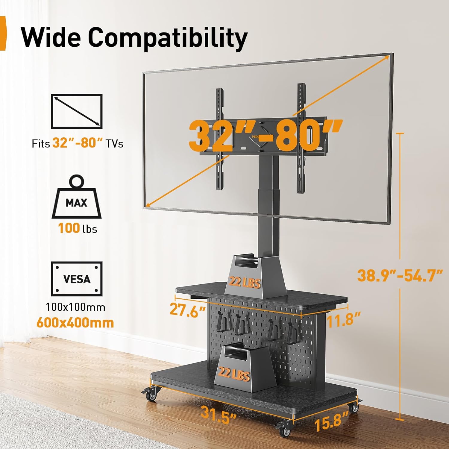 Pegboard Gaming Mobile TV Stand - Upgraded with Remote - Controlled Lift
