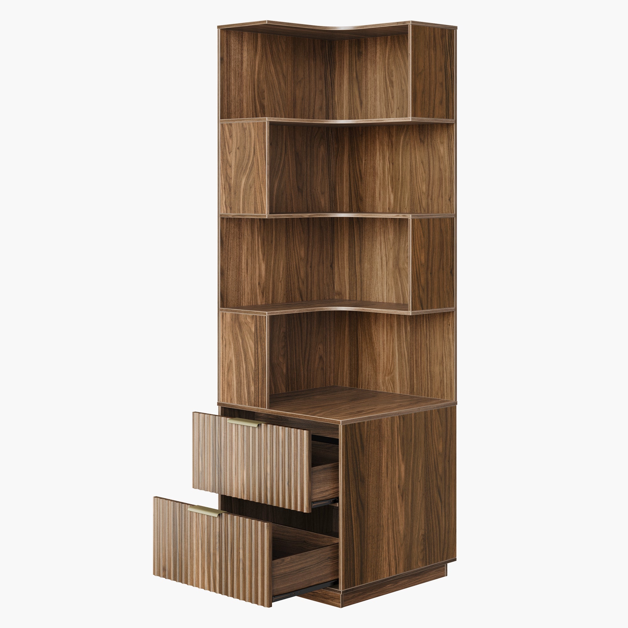 Perledesign 6 - Tier Corner Bookshelf with Drawers, 71" Tall Storage - Fluted - Dark Walnut