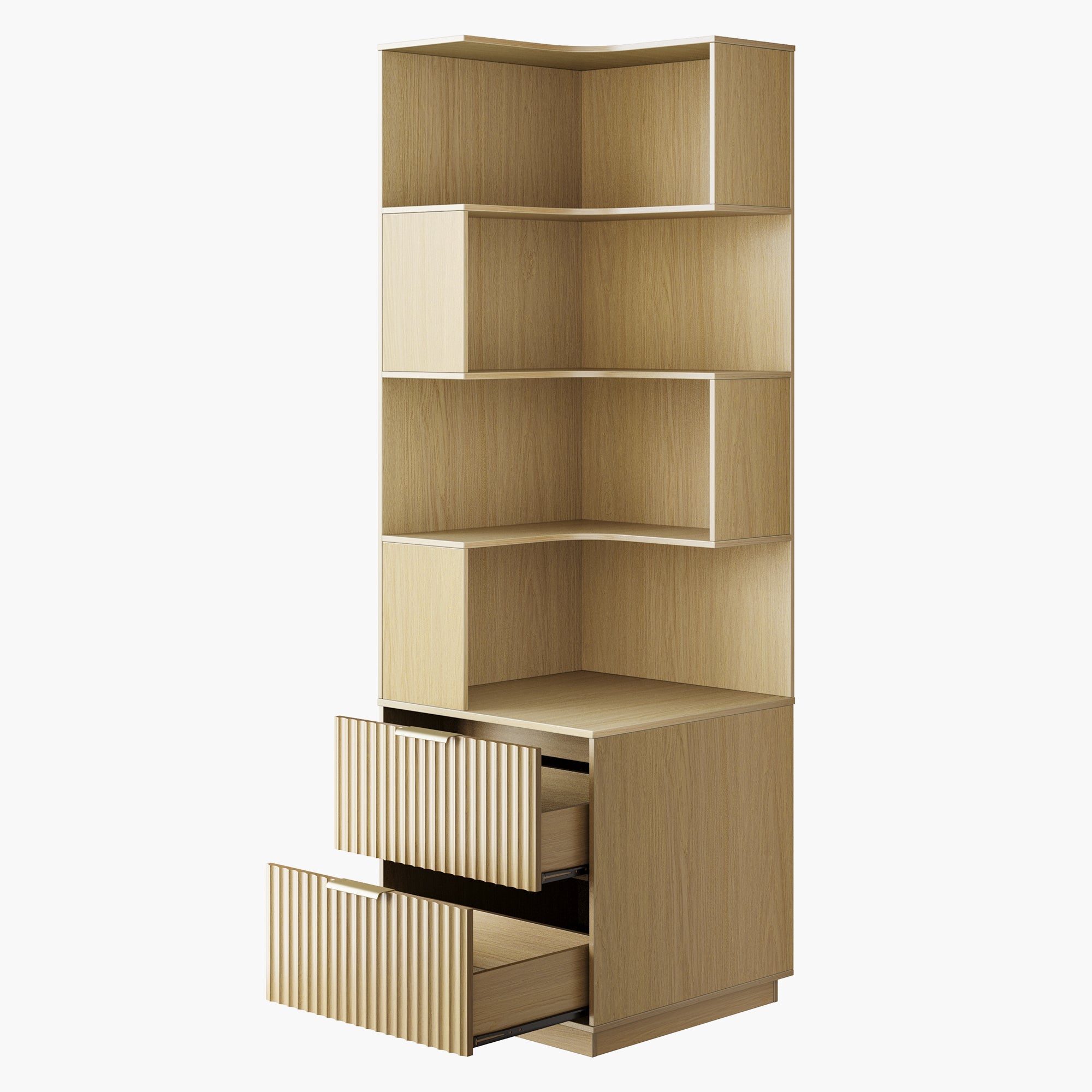 Perledesign 6 - Tier Corner Bookshelf with Drawers, 71" Tall Storage - Fluted - Natural Oak