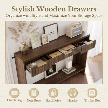 Premium Chene Sofa Table - Fluted - Dark Walnut