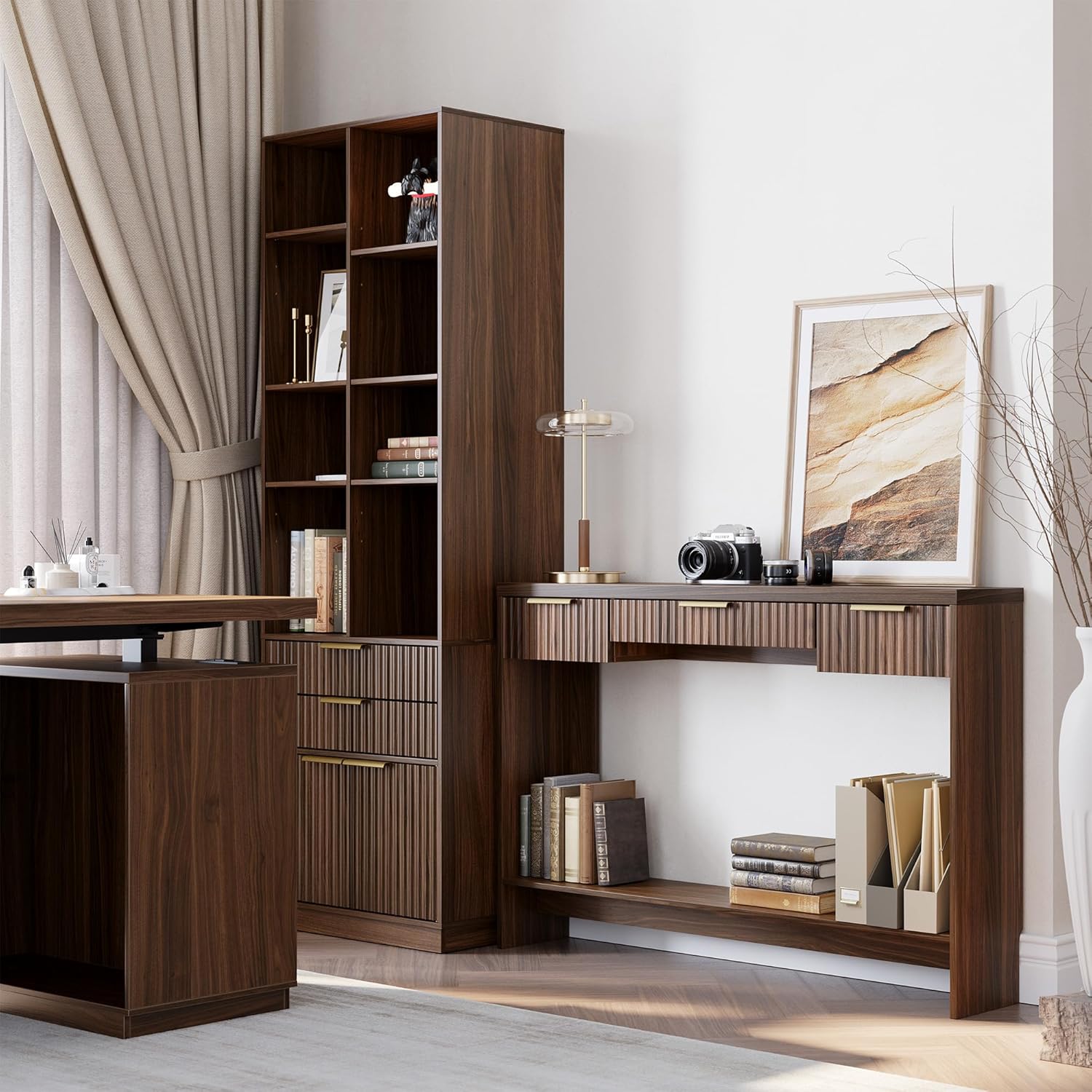 Premium Chene Sofa Table - Fluted - Dark Walnut
