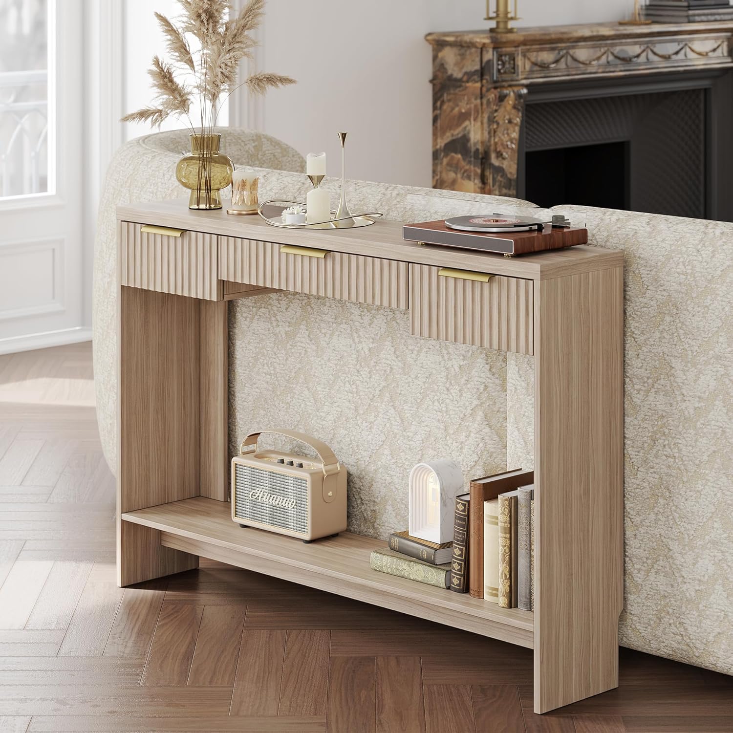 Premium Chene Sofa Table - Fluted - Light Walnut