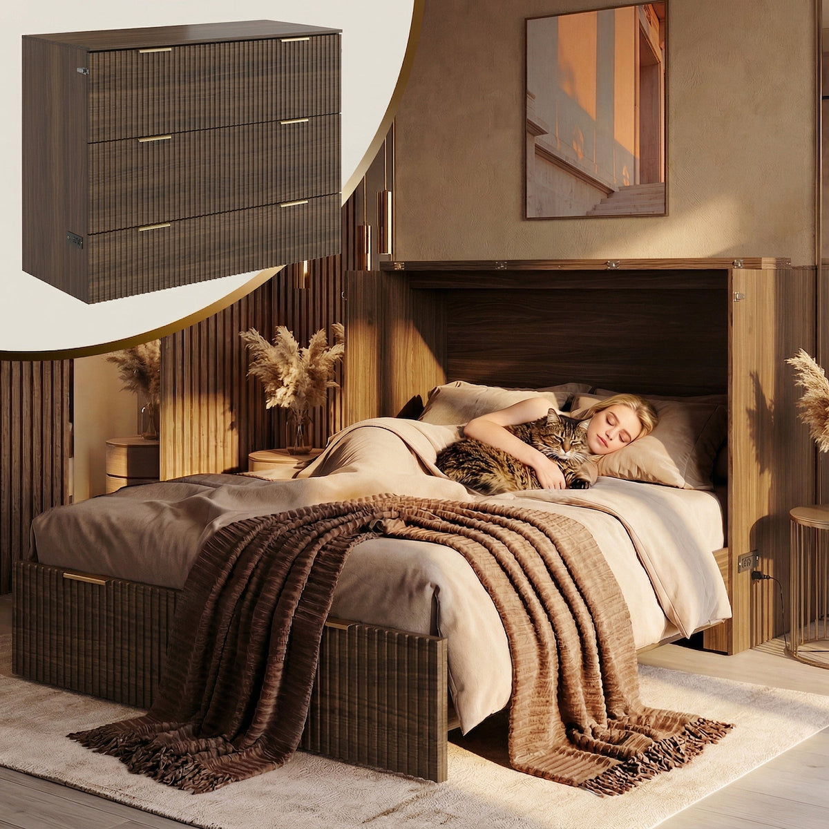Premium Terra - Full Cabinet Bed - Fluted Black Walnut