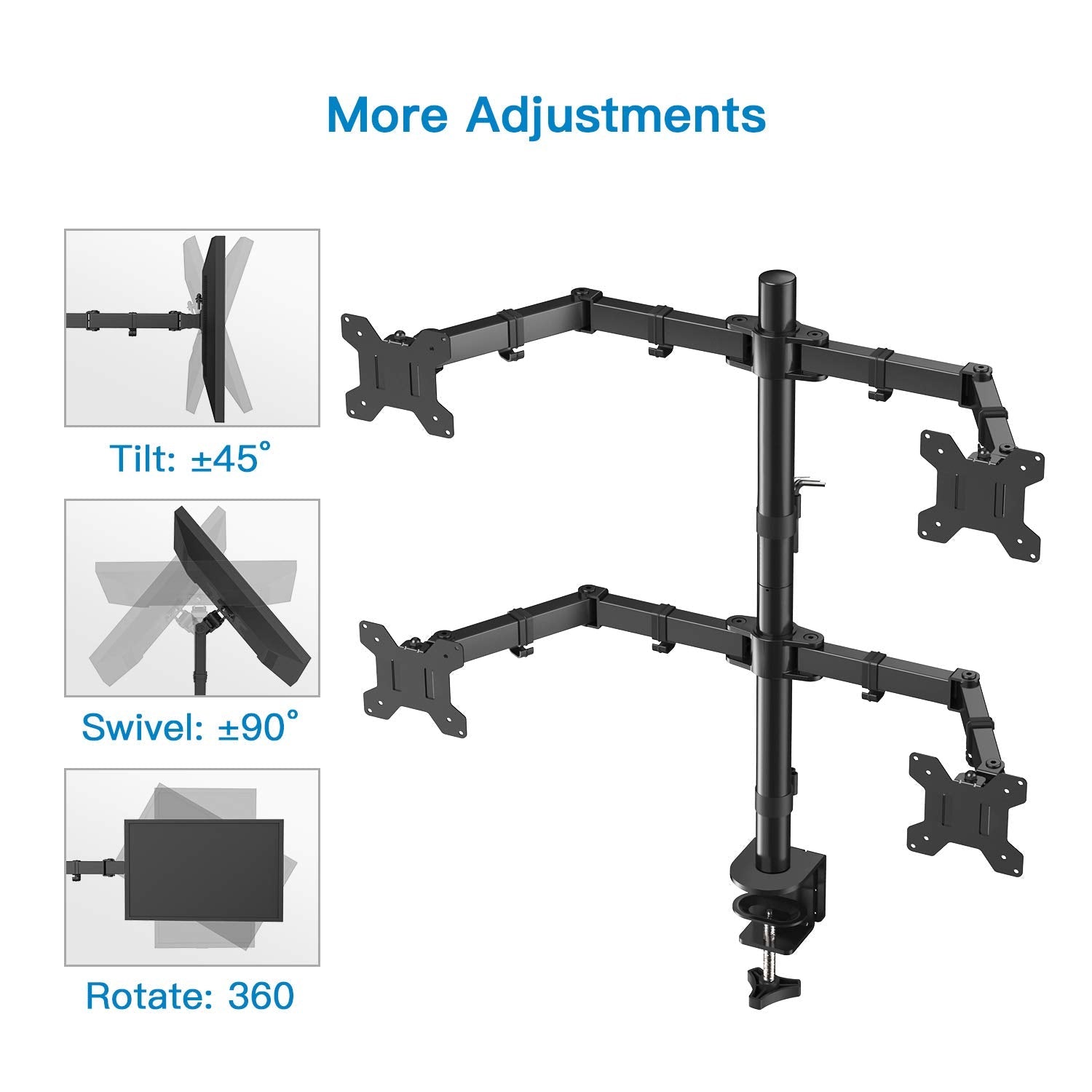 QF2 Quad Monitor Stand: 4 Monitor Desk Mount for 13 - 27 Inch Screens - 