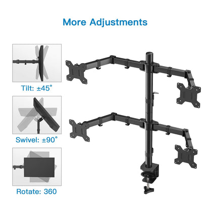 QF2 Quad Monitor Stand: 4 Monitor Desk Mount for 13 - 27 Inch Screens - 