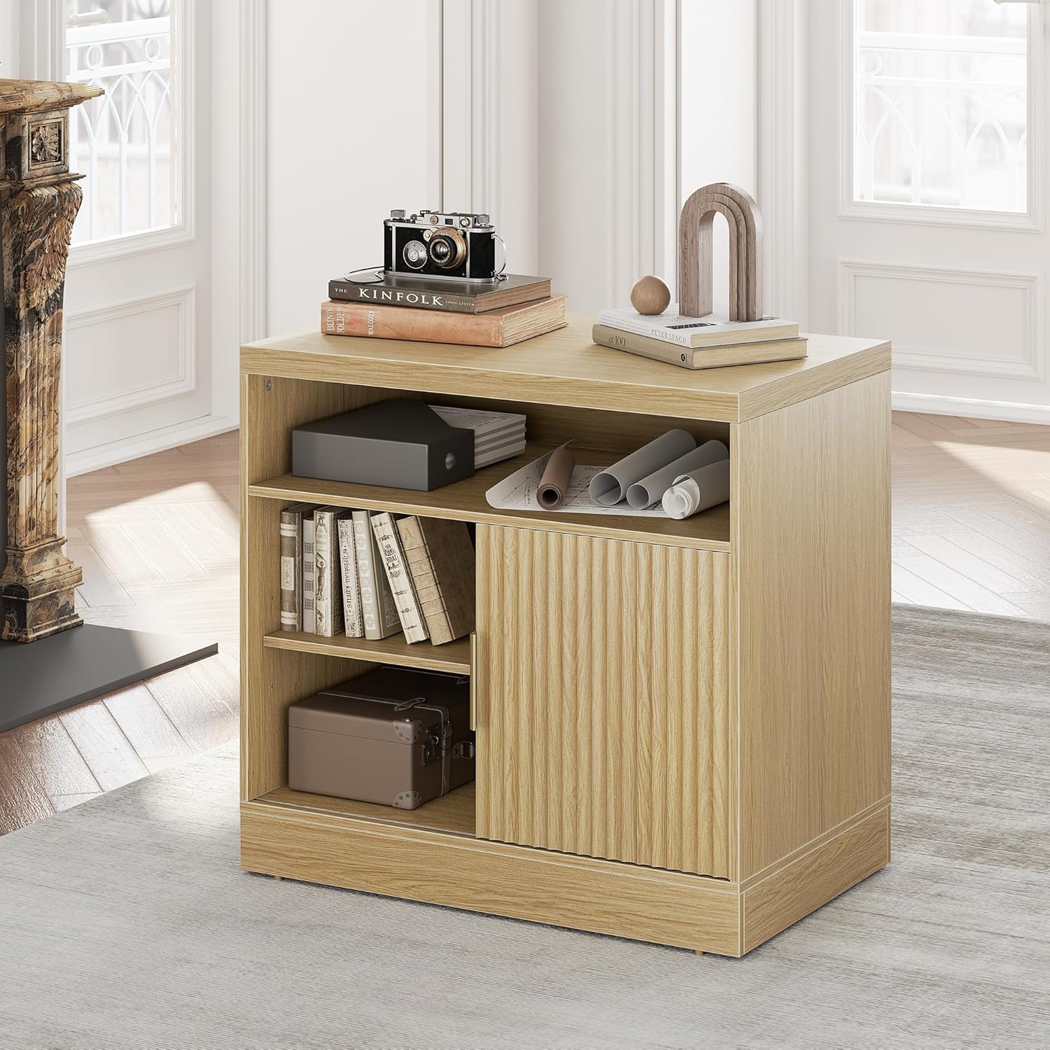 Sliding Door Lateral Filing Cabinet with Adjustable Shelving - Fluted - Dark Walnut