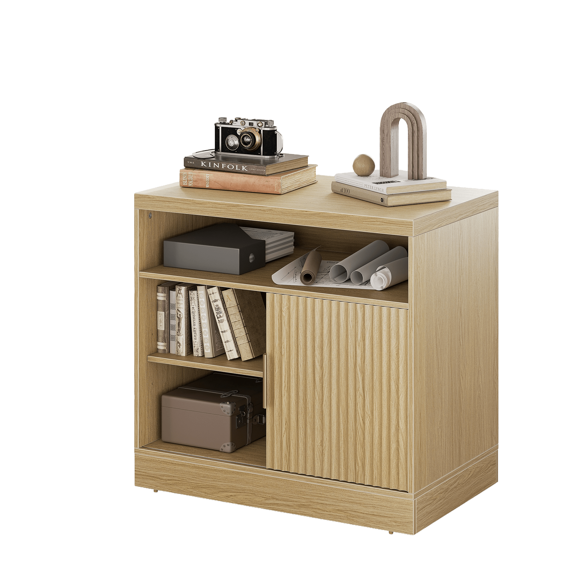 Sliding Door Lateral Filing Cabinet with Adjustable Shelving - Fluted - Natural Oak
