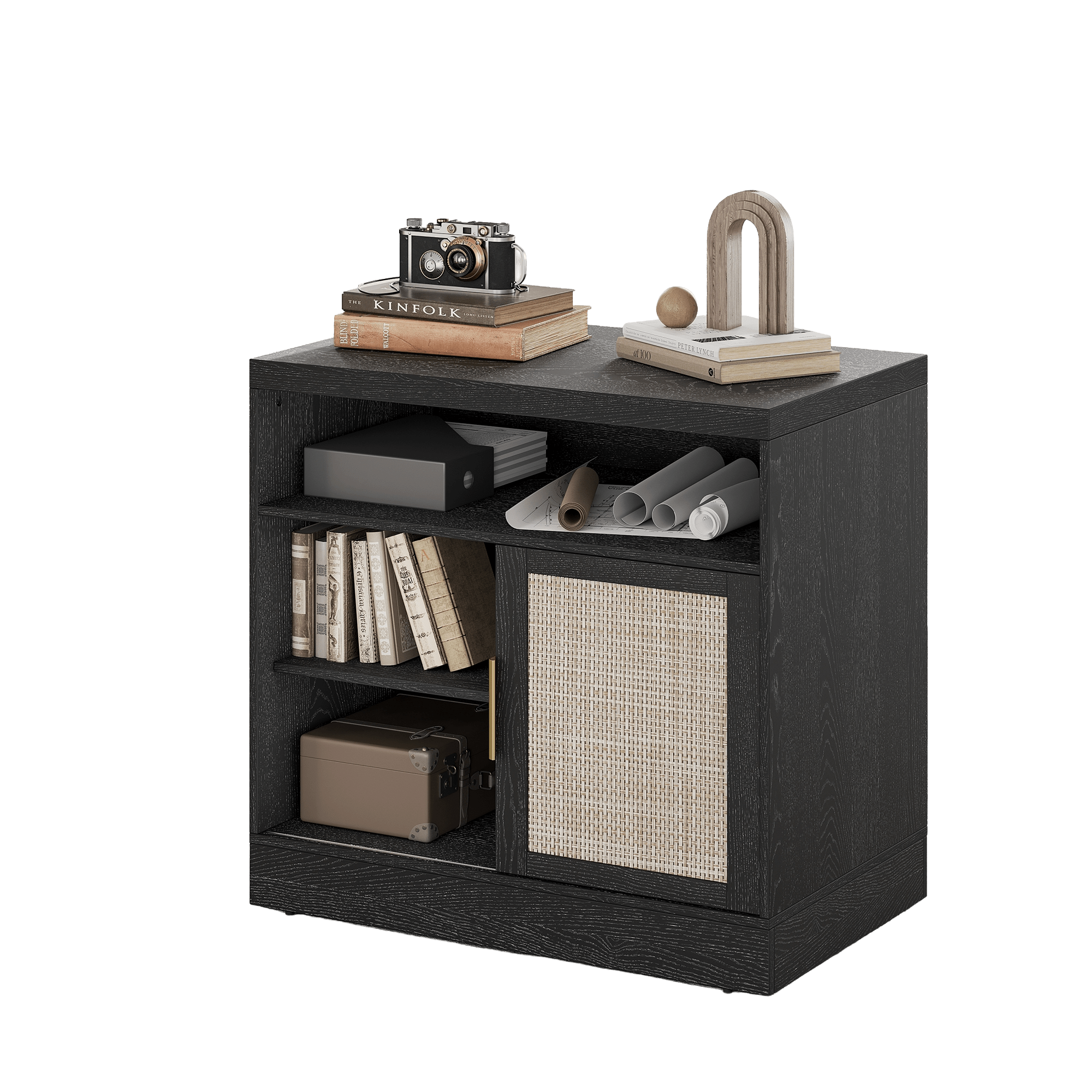 Sliding Door Lateral Filing Cabinet with Adjustable Shelving - Rattan - Black