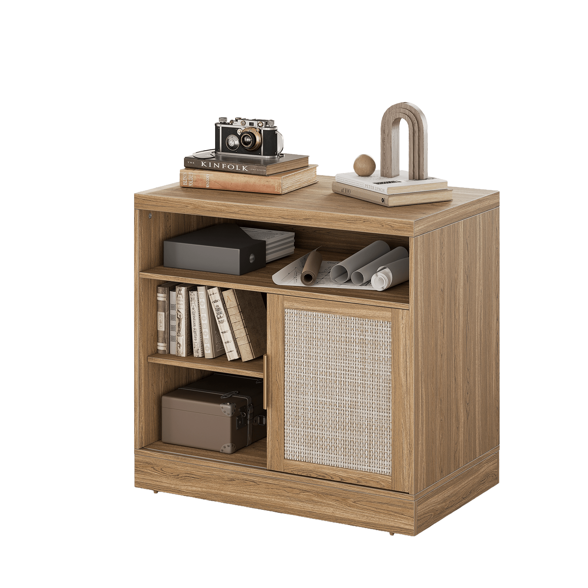 Sliding Door Lateral Filing Cabinet with Adjustable Shelving - Rattan - Light Walnut