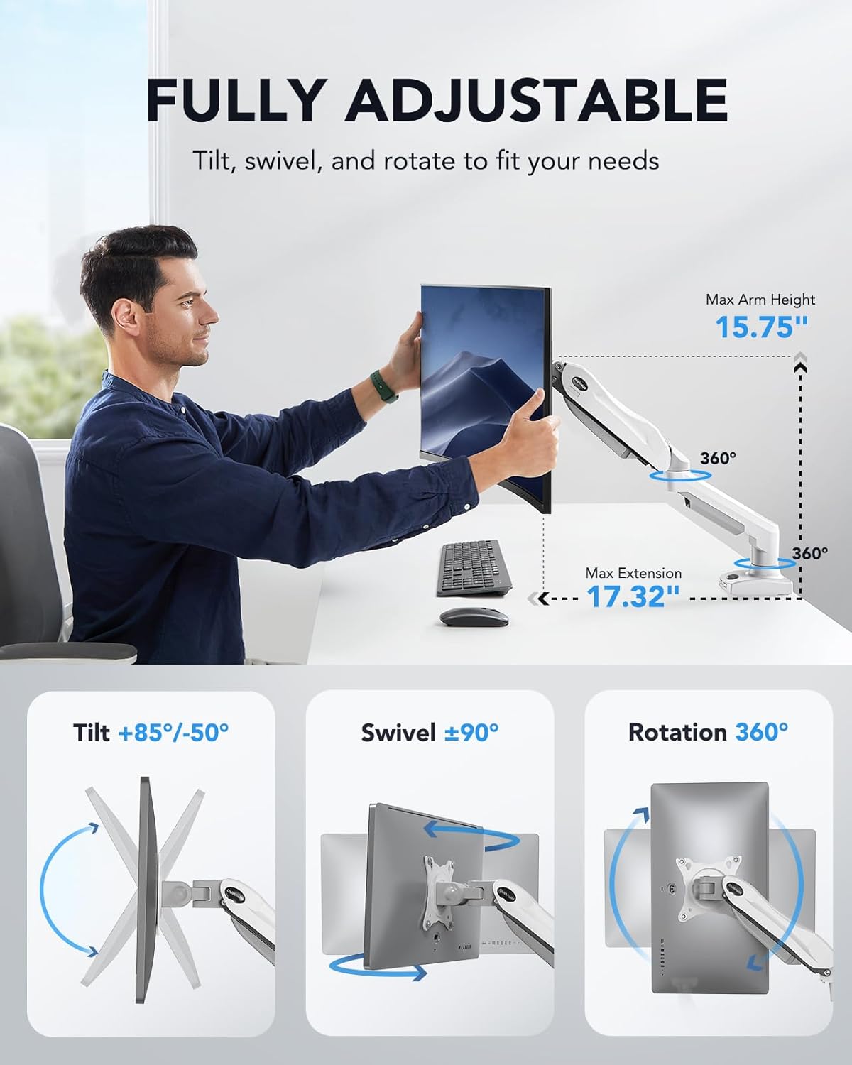 SS6 Essential Single Monitor Mount - White