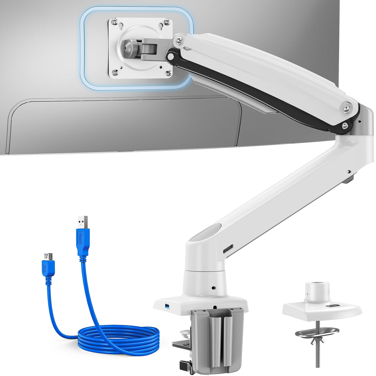 SS7 Single Monitor Arm with USB Ports - White