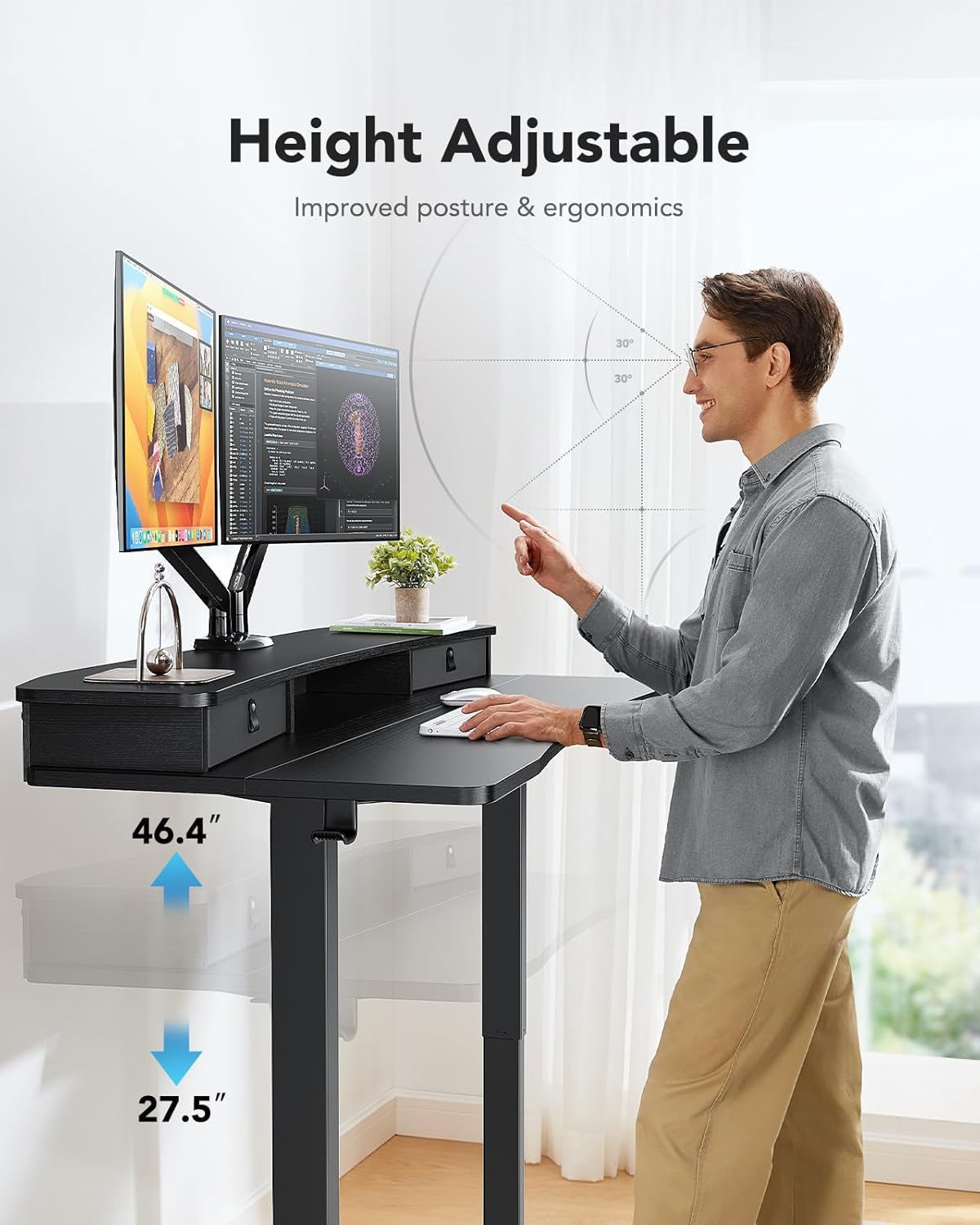 Standing Desk with Dual Riser & Drawers - 48" x 24"