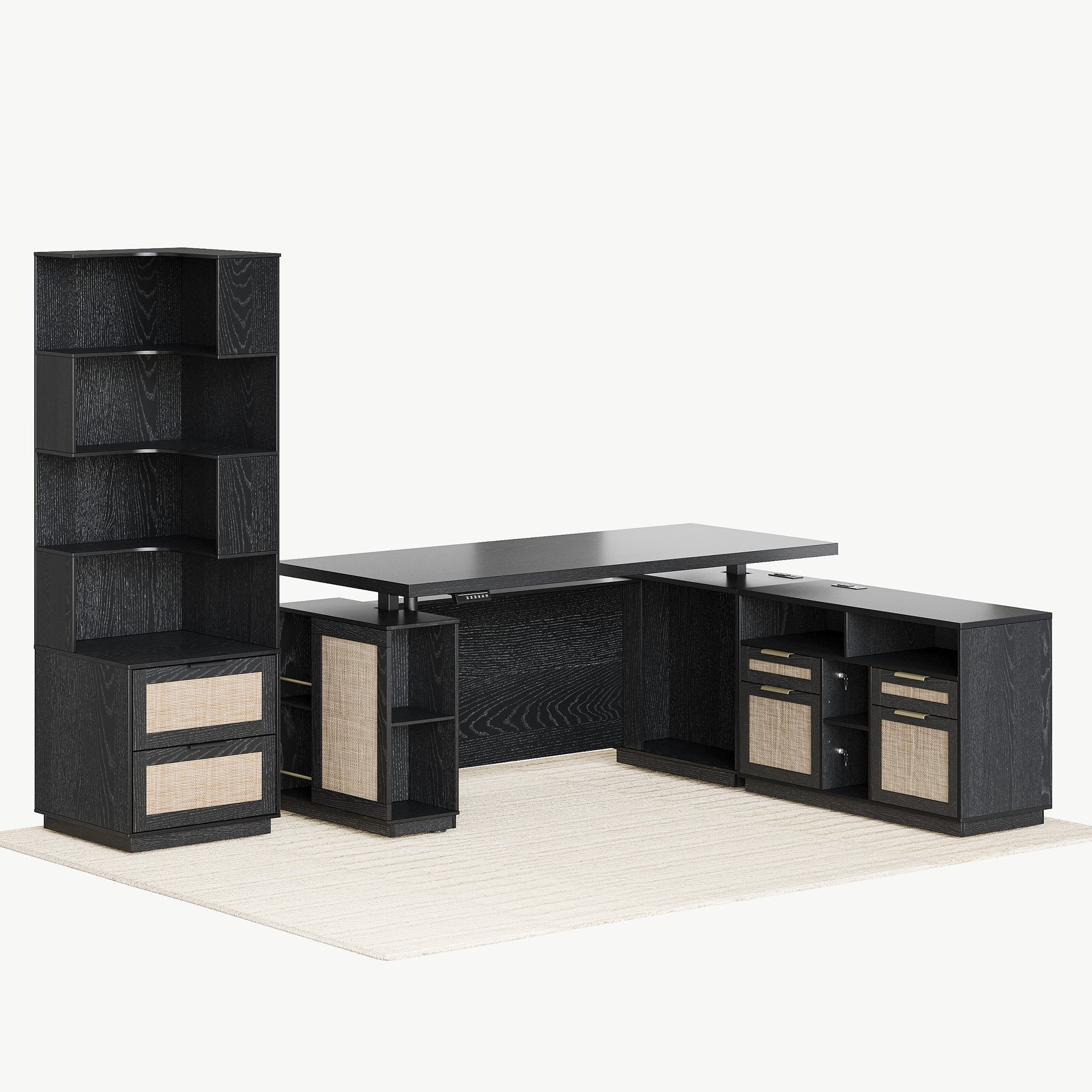 70" Desk + 6 Tier Corner Bookshelf / Rattan - Black