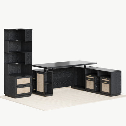 70" Desk + 6 Tier Corner Bookshelf / Rattan - Black