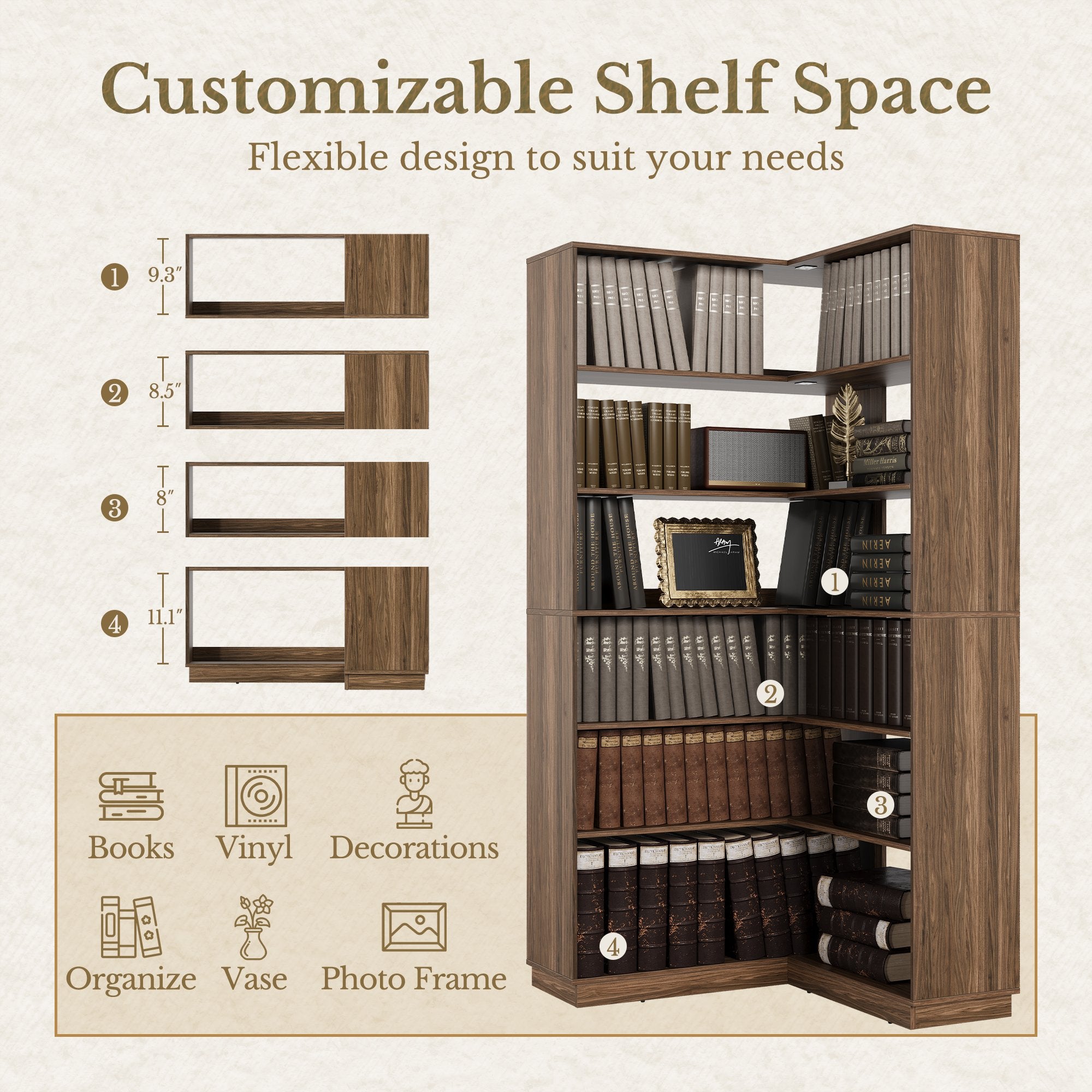 73'' Corner Bookshelf +Charging Storage Cabinet / Fluted - Dark Walnut