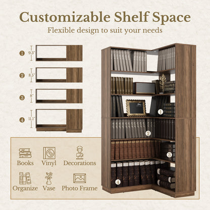 73'' Corner Bookshelf +Charging Storage Cabinet / Fluted - Dark Walnut