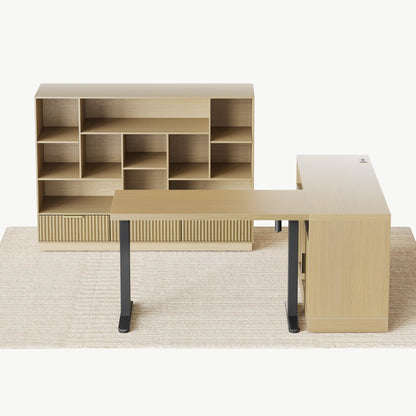 67" Desk + 60" Wide Bookshelf / Fluted - Natural Oak