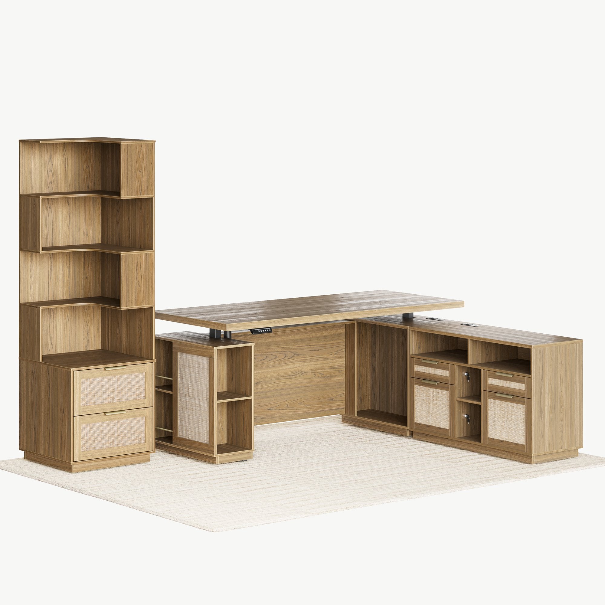 70" Desk + 6 Tier Corner Bookshelf / Rattan - Light Walnut