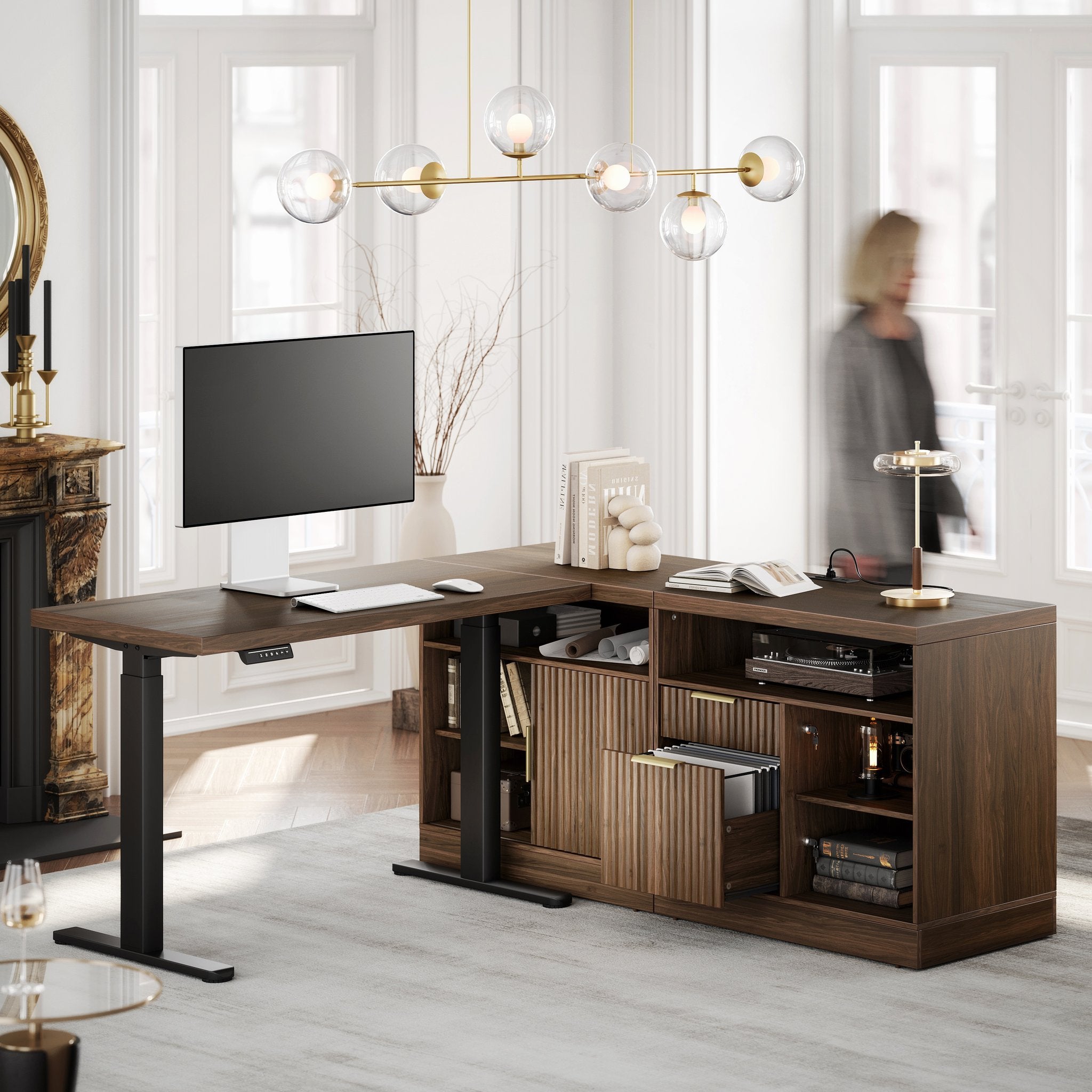 67" Premium Executive Standing Desk + Celestia Deep Cloud Chair + 73"Tall Fluted Bookshelf with Drawers & Doors/ Fluted - Dark Walnut