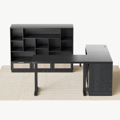 67" Desk + 60" Wide Bookshelf / Rattan - Black