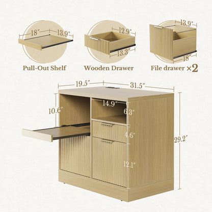 73'' Corner Bookshelt + Charging Cabinet/ Fluted - Natural Oak