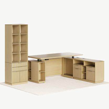 70" Desk + 73" Tall Fluted Bookshelf / Fluted - Natural Oak