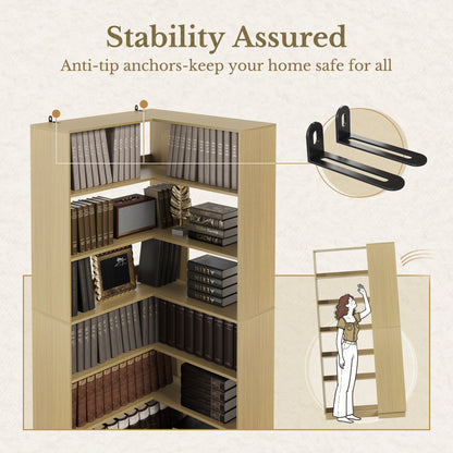 73'' Corner Bookshelt + Charging Cabinet/ Fluted - Natural Oak