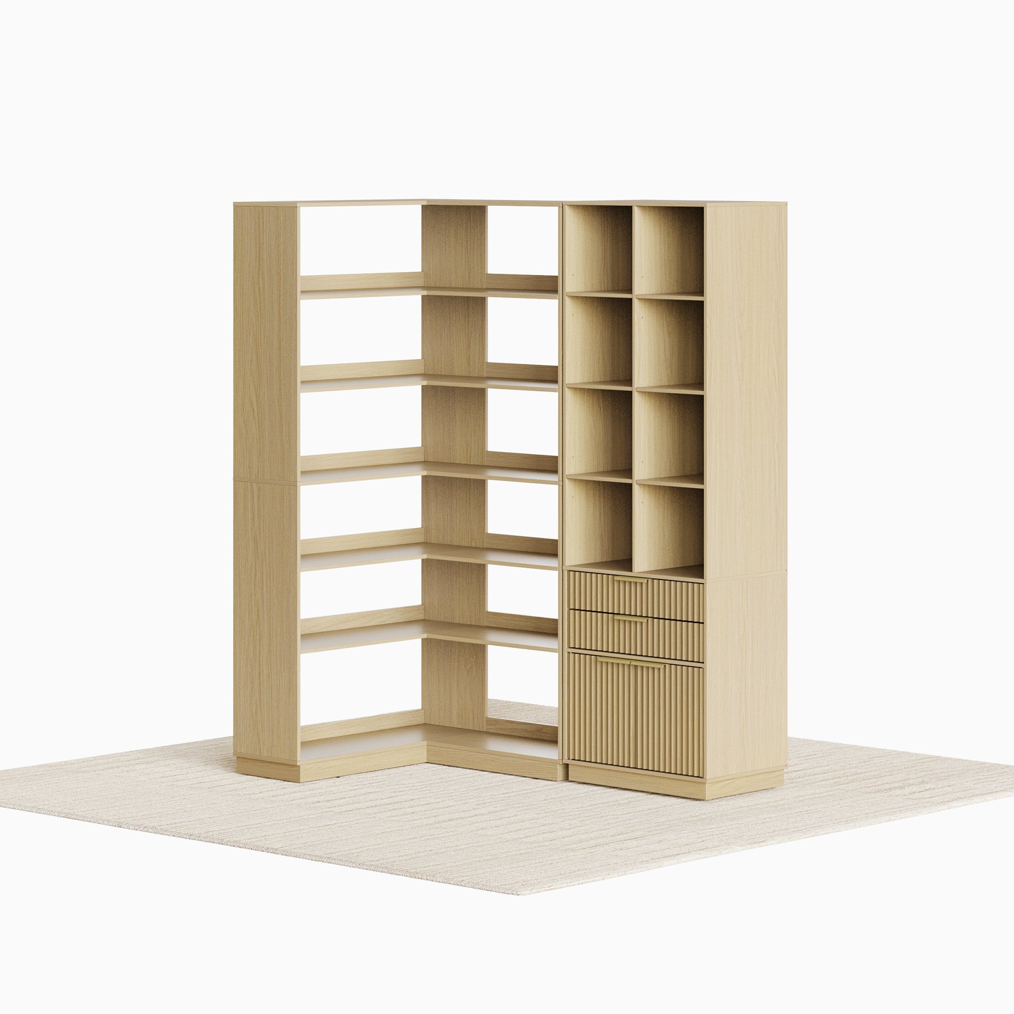 73'' Corner Bookshelf + 73'' Fluted Bookshelf/ Fluted - Natural Oak