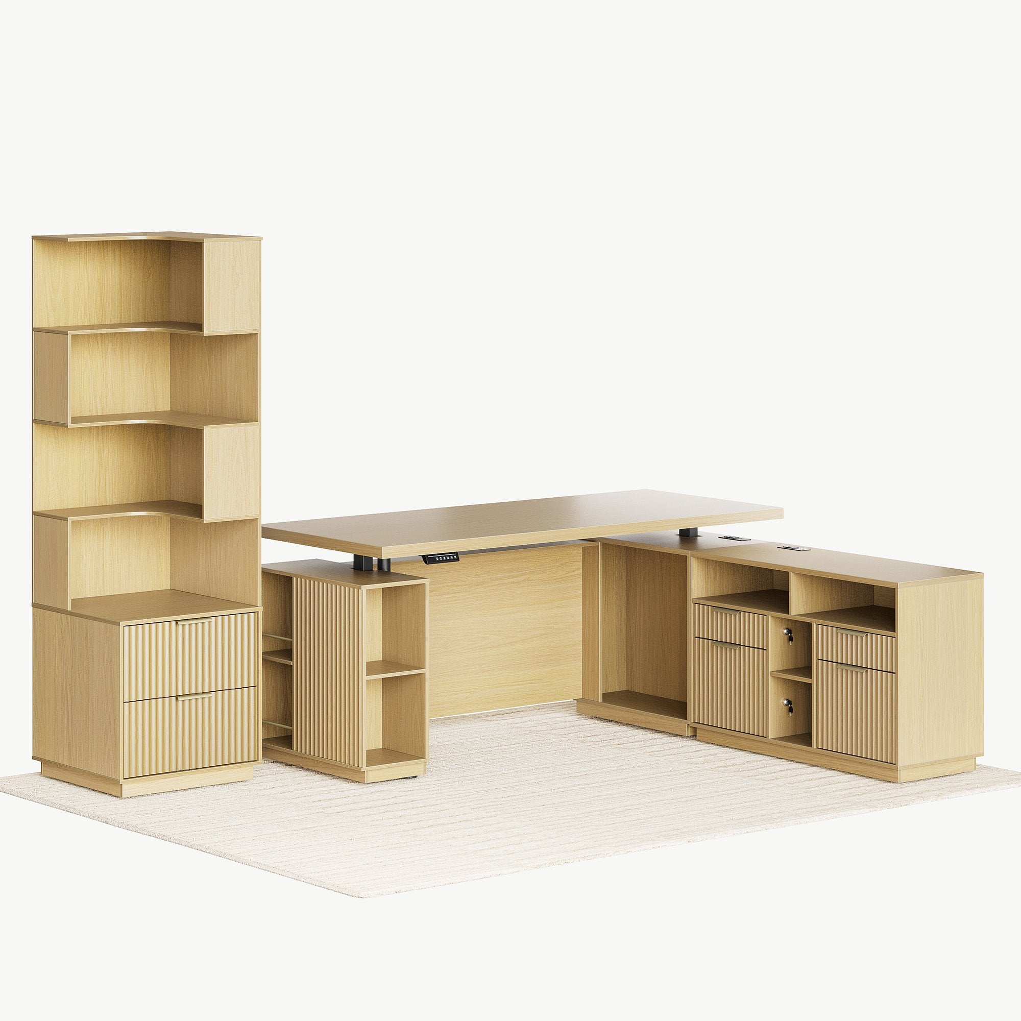 70" Desk + 6 Tier Corner Bookshelf / Fluted - Natural Oak