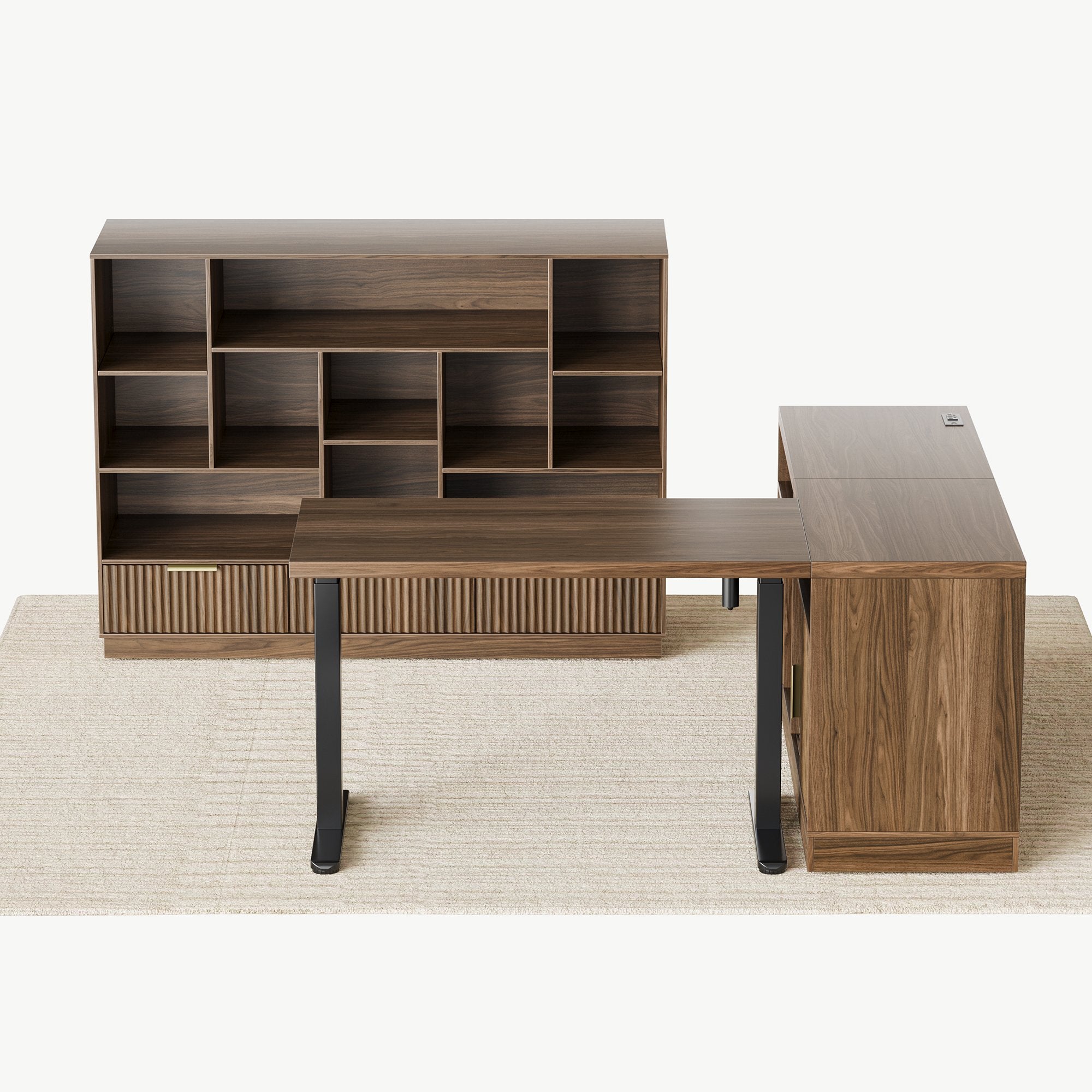 67" Desk + 60" Wide Bookshelf / Fluted - Dark Walnut