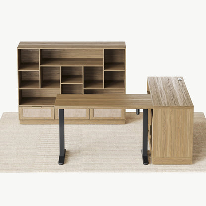 67" Desk + 60"  Wide Bookshelf / Rattan - Light Walnut