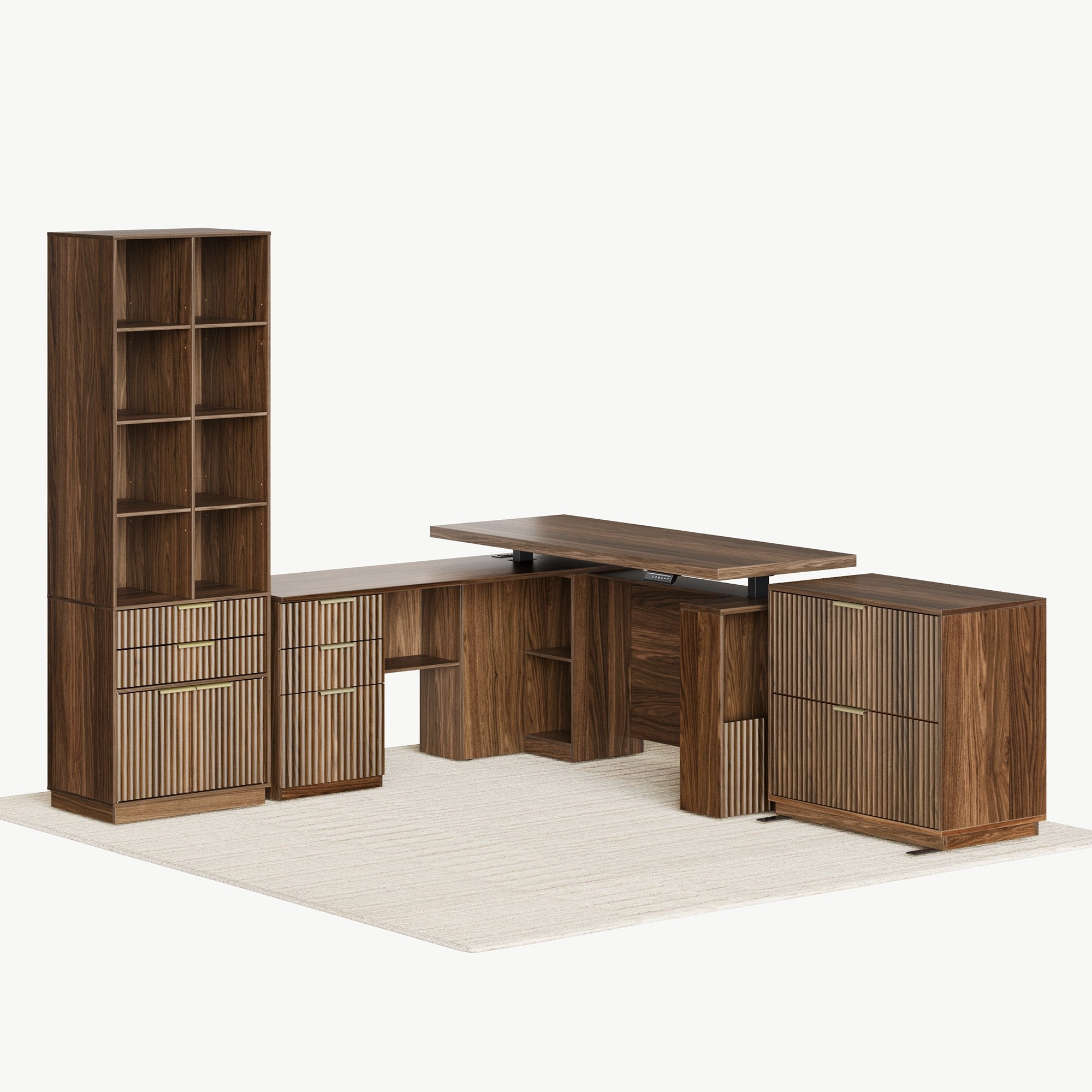 63" desk+73" Bookshelf+2 Drawers / Fluted - Dark Walnut