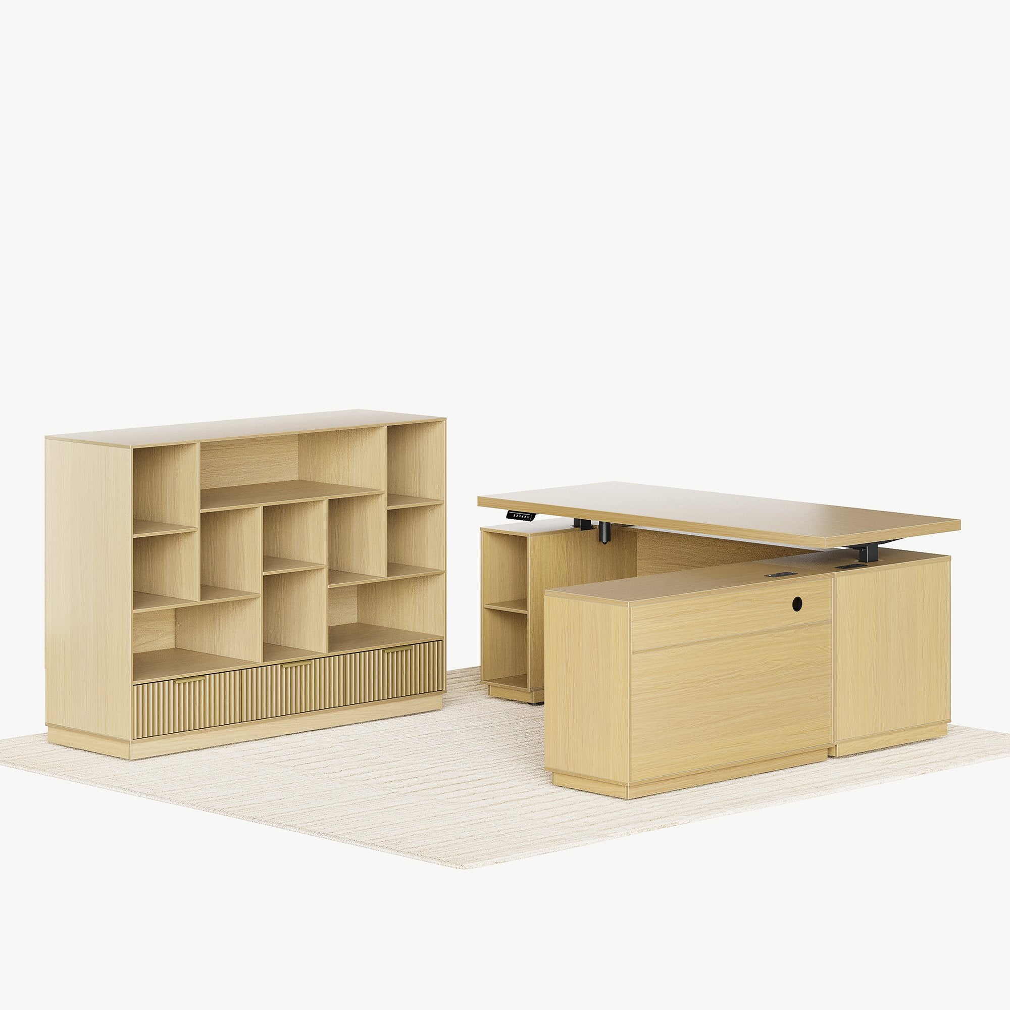 70" Desk with 4 Drawer Wood File Cabinet + 60" Wide Bookshelf / Fluted - Natural Oak