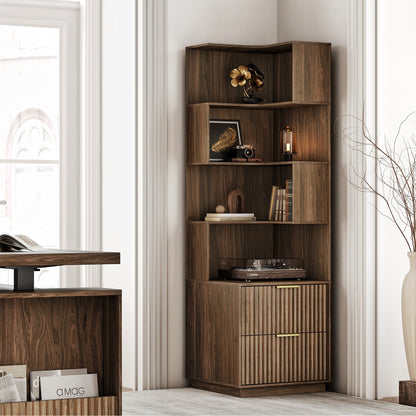 63" Premium Executive Standing Desk + Stella Advanced Ergonomic Chair + 6-Tier Corner Bookshelf with Drawers, 71" Tall Storage/ Fluted - Dark Walnut