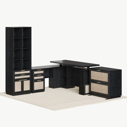 63" desk+73" Bookshelf+2 Drawers / Rattan - Black