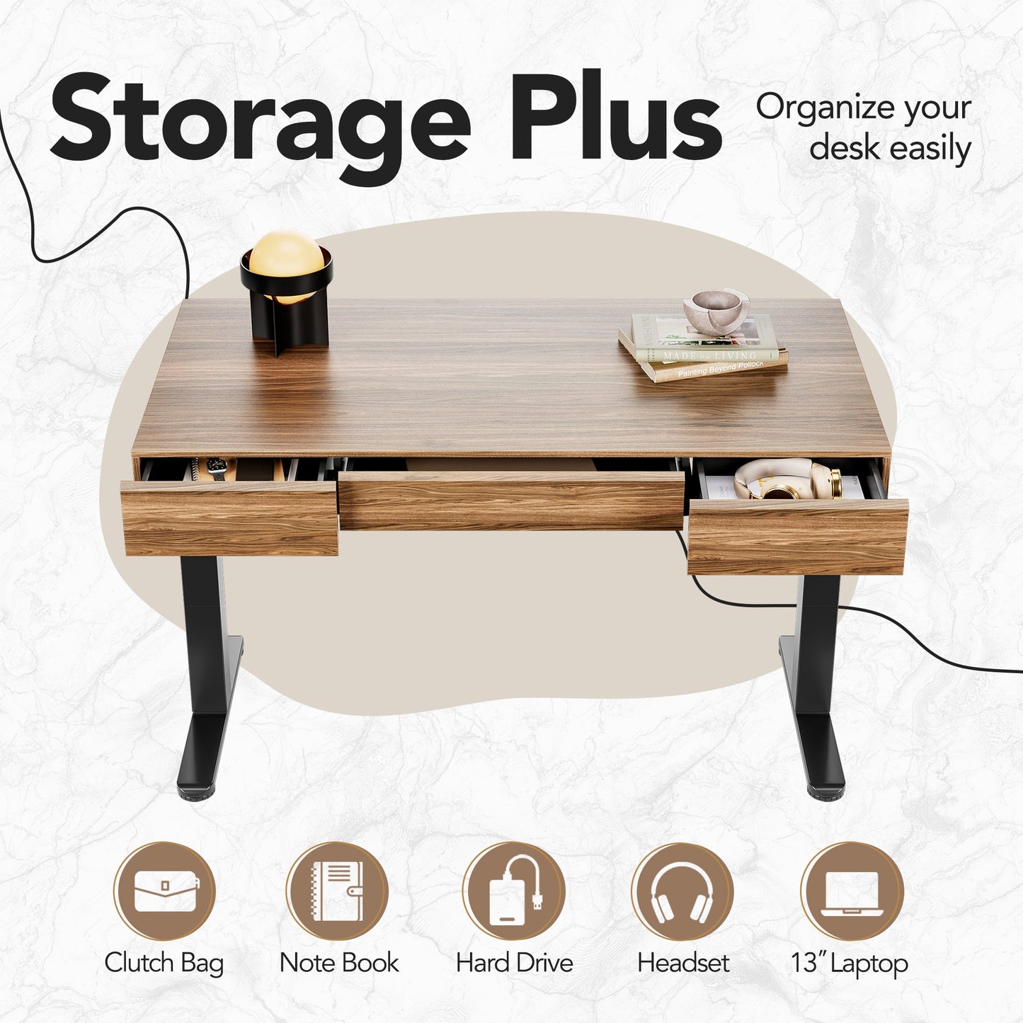 Whole - piece Desktop Standing Desk with 3 Drawers - Dark Walnut