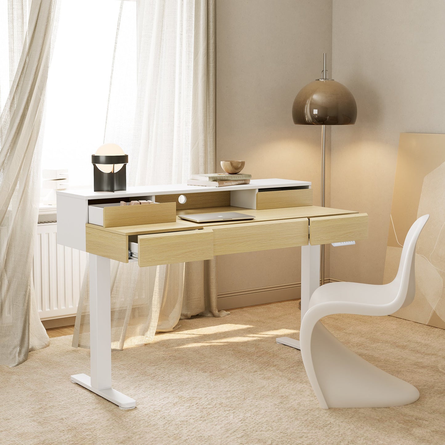 Whole - piece Desktop Standing Desk with 5 Drawers - Dark Walnut