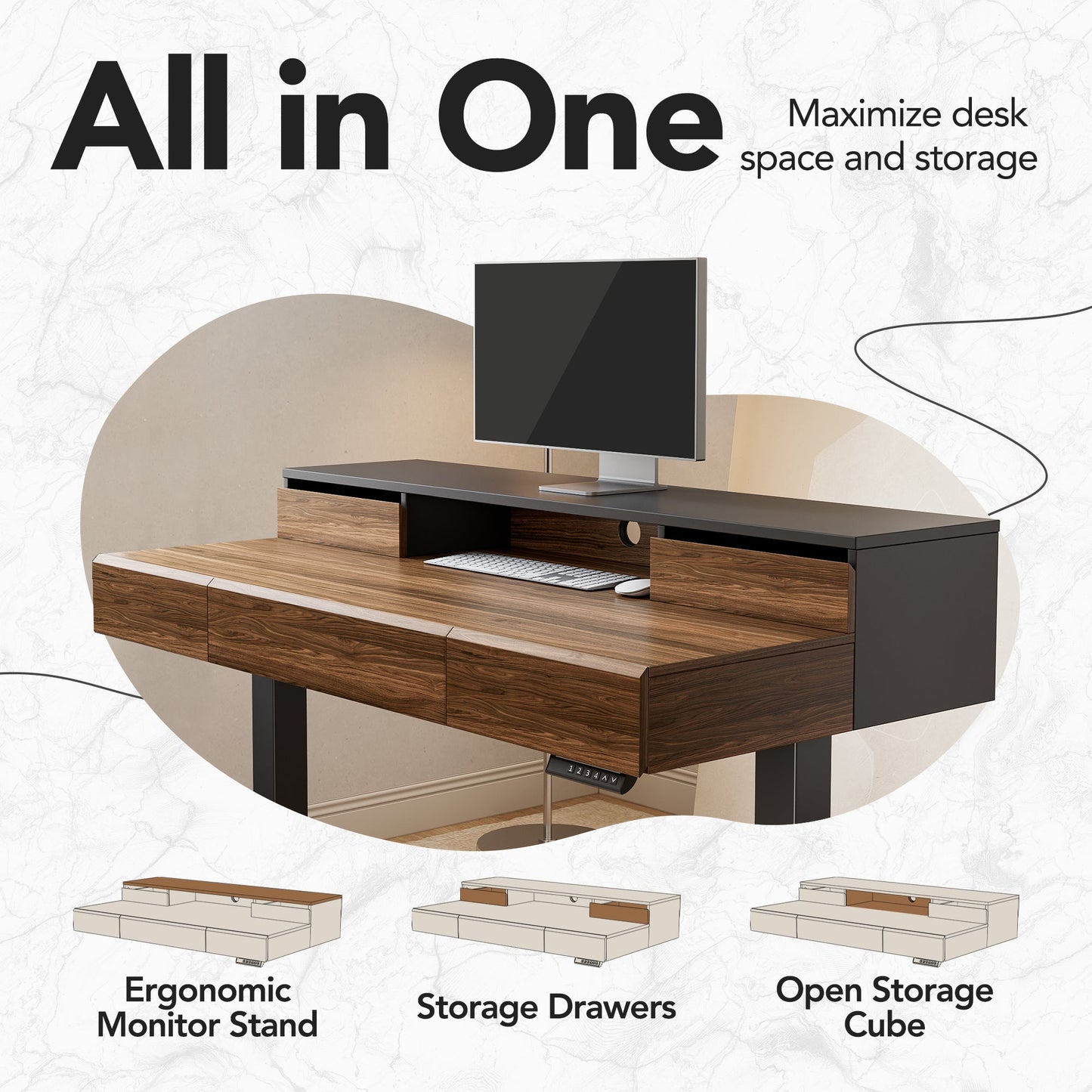 Whole - piece Desktop Standing Desk with 5 Drawers - Dark Walnut